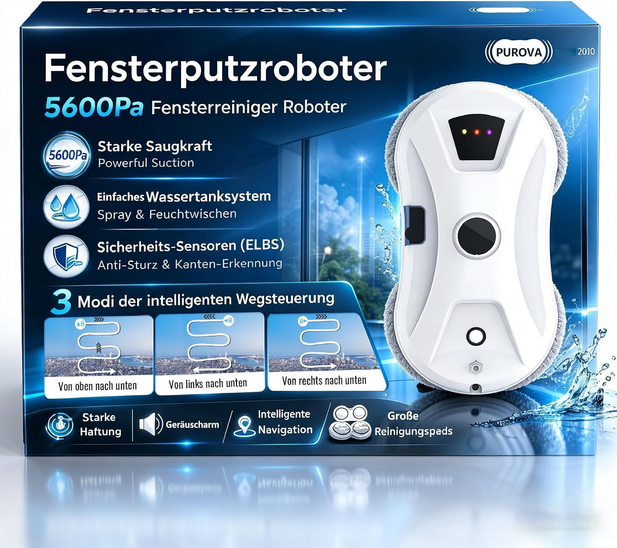 Purova Fensterputzroboter, mit Sprühfunktion, 5600 Pa Fensterroboter mit Intelligenter Navigation, 3 Reinigungsmodi, Sicherheitsseil und UPS