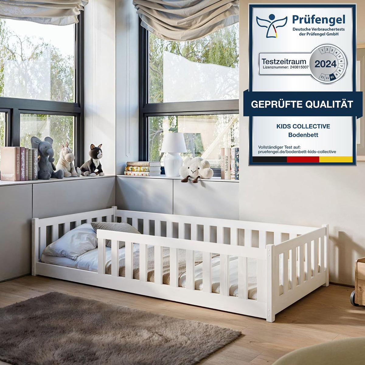 Kinderbett, Bodenbett 80 × 160 cm mit Rausfallschutz & Lattenrost Montessori Bett Bed Gitterbett Kinder Jugendbett Einzelbett, Kids Collective