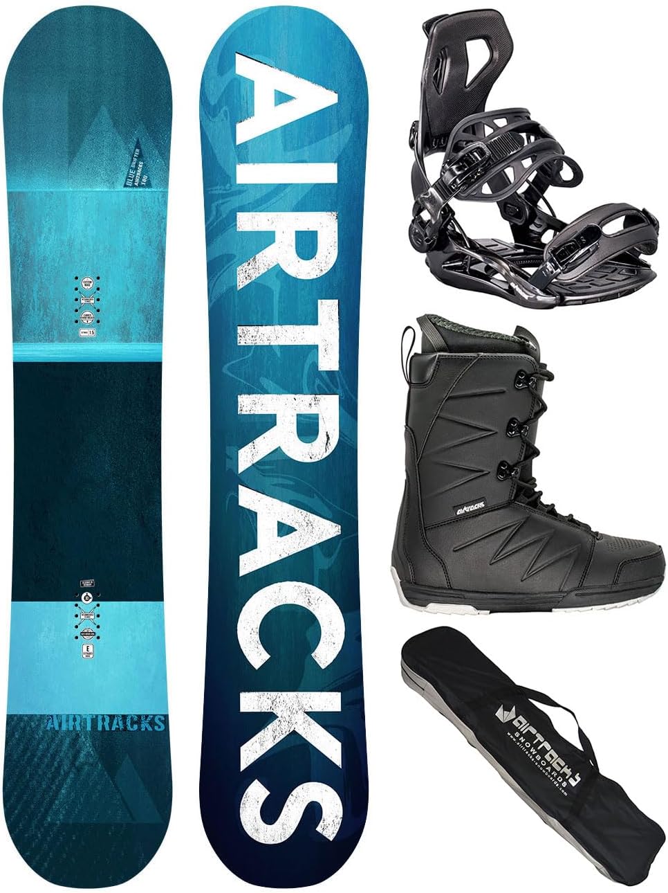 Airtracks Freestyleboards, Snowboard Set Board Blue Drifter Wide Hybrid Rocker + Snowboard Bindung Master + Snowboardboots + Sb Bag 150 155 160 164 cm