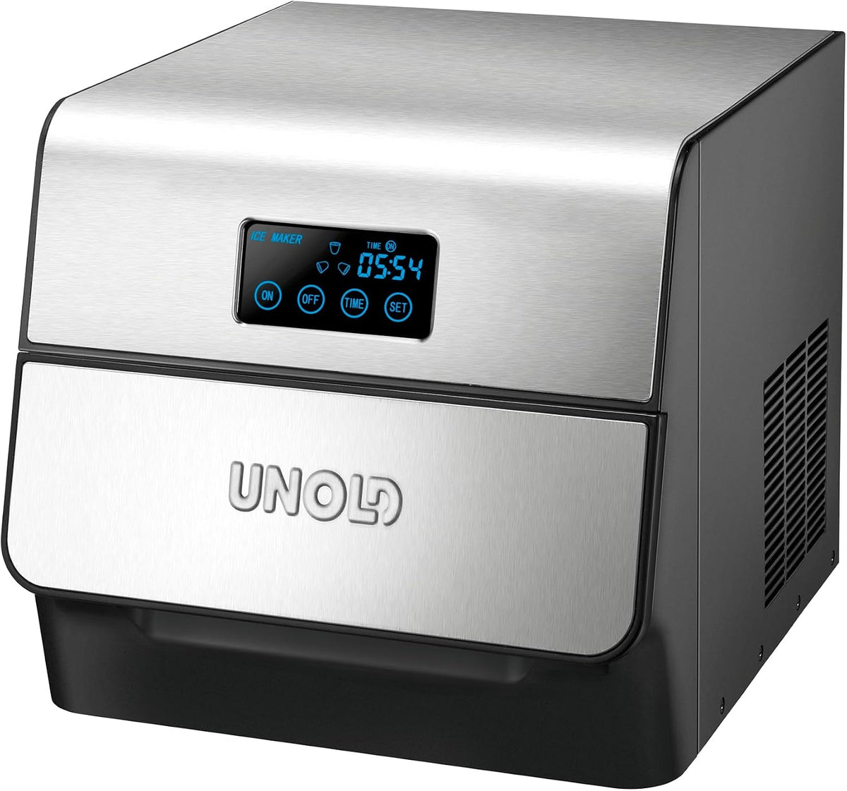 Unold Eiswürfelmaschine, Edel 48955 - Eiswürfelbereiter 1.5l, Rostfreier Stahl, 1 Load, Eiswürfel in 1 h, Touch Display, digitaler Timer