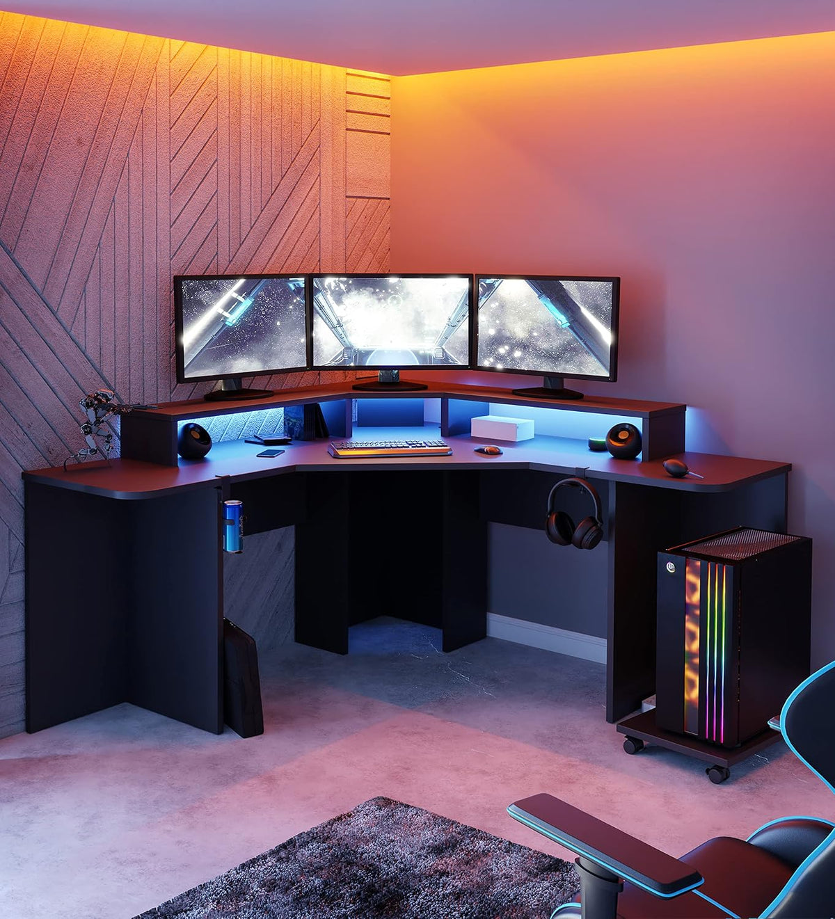 Arbeitstische, Tezaur Eckschreibtisch für Gamer inkl. RGB-Beleuchtung, Holzwerkstoff, Mattschwarz, B x H x T: 160 x 91 x 160 cm, Forte