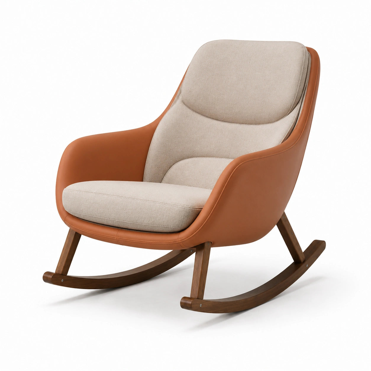 Schaukelstuhl aus Holz mit Leinen und Leder in Braun und Beige