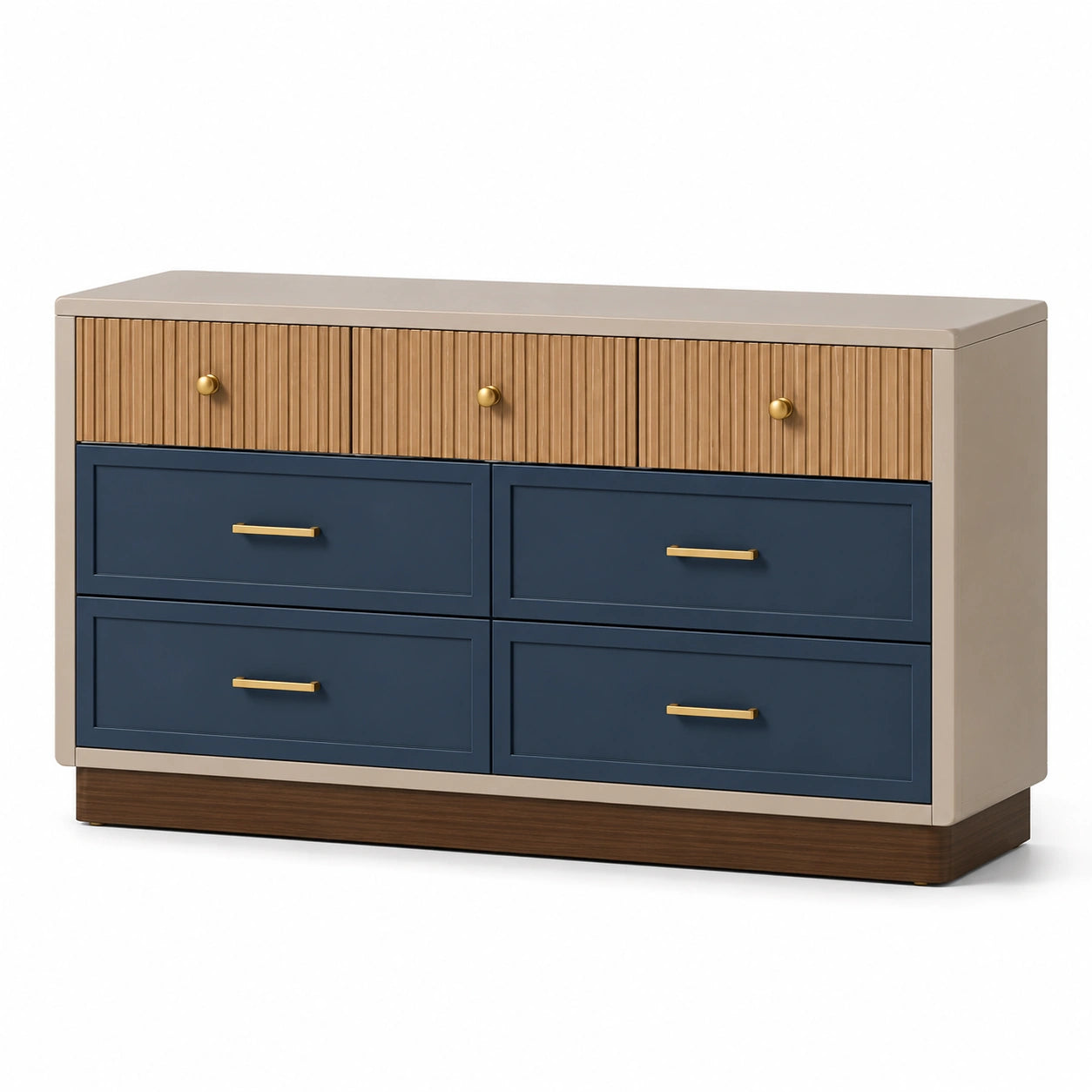 Sideboard mit 5 Schubladen aus MDF und Massivholz, Blau und Holzoptik