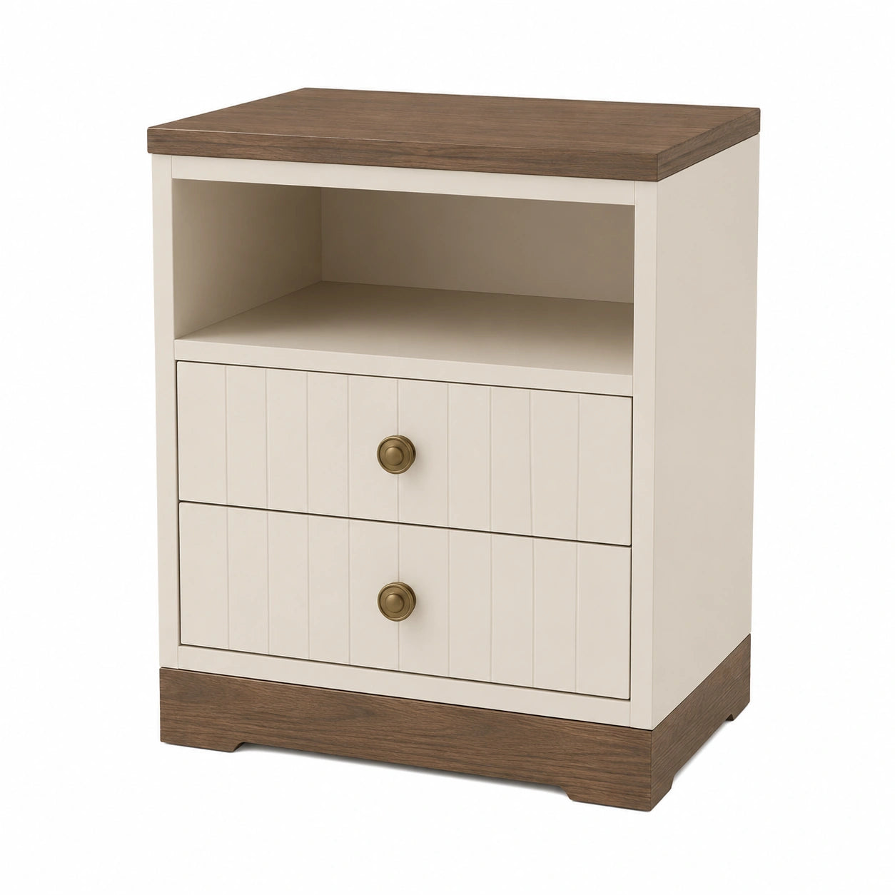 Nachttisch Holz Creme/Holzbraun mit 2 Schubladen