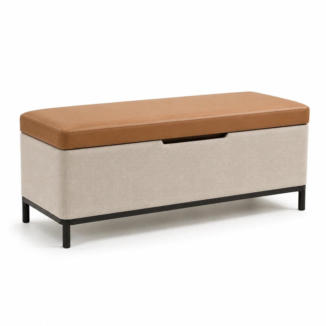 Sitzbank mit Stauraum Lederimitat Braun Leinen Beige Metallgestell 120cm