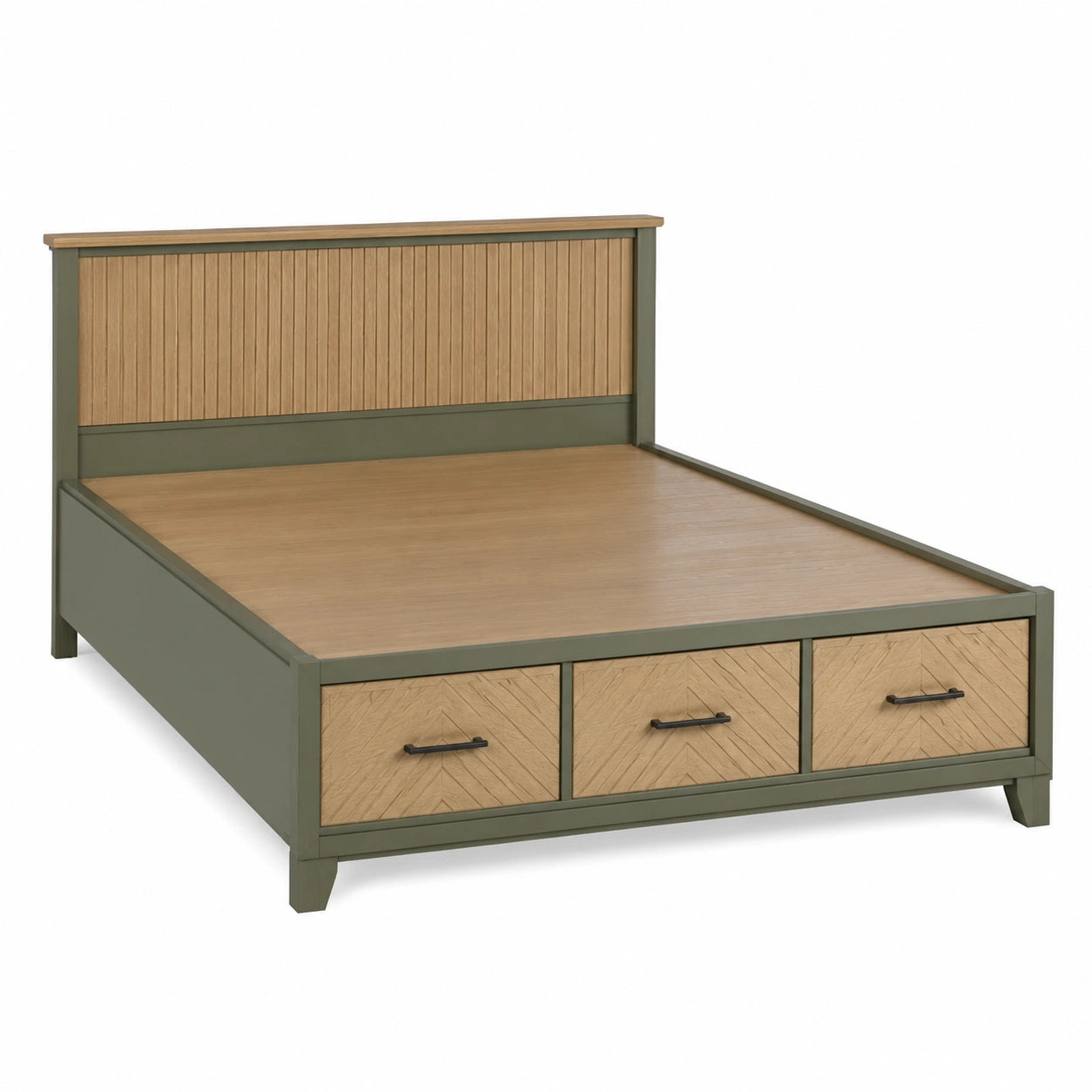 Bettgestell mit Schubladen aus MDF und Eichenfurnier 200cm x 160cm Grün