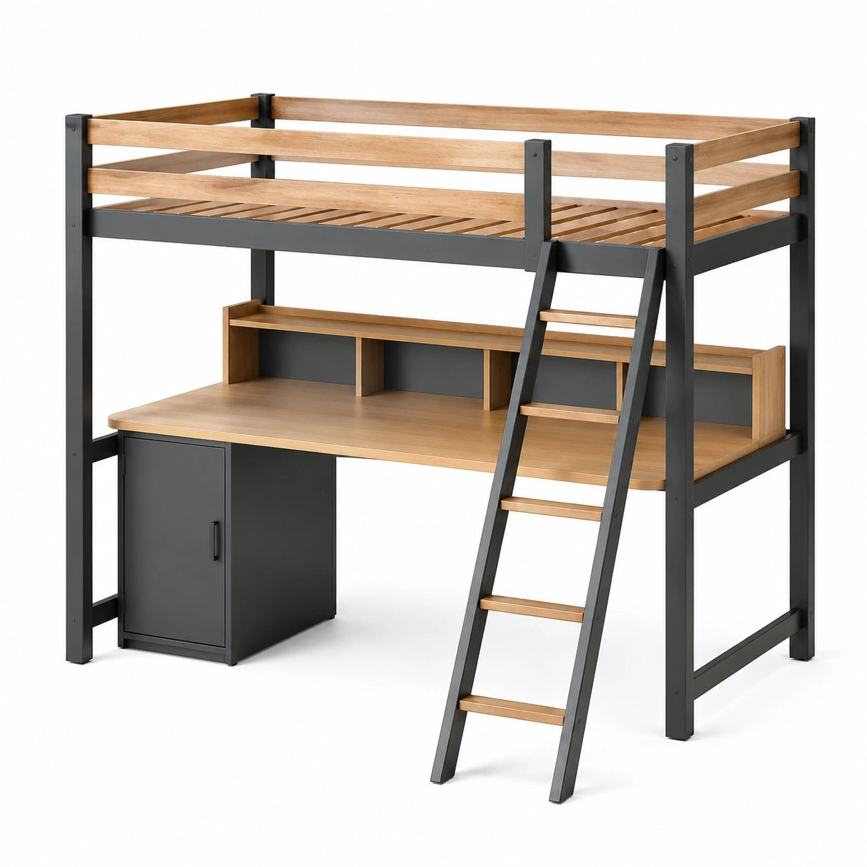 Metallrahmen Hochbett mit Eichenholz Schreibtisch