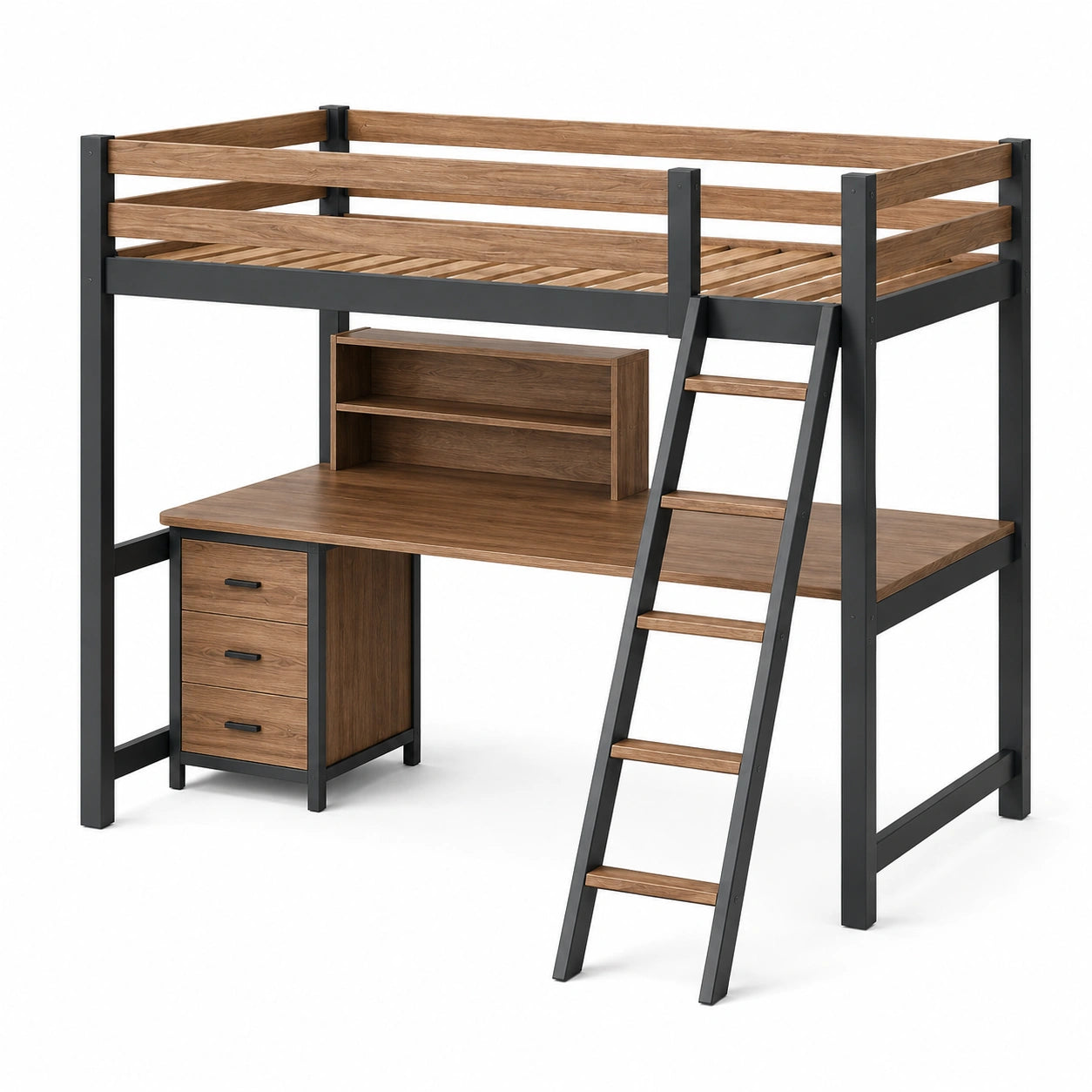 Hochbett mit Schreibtisch und Regal aus Stahl und Massivholz
