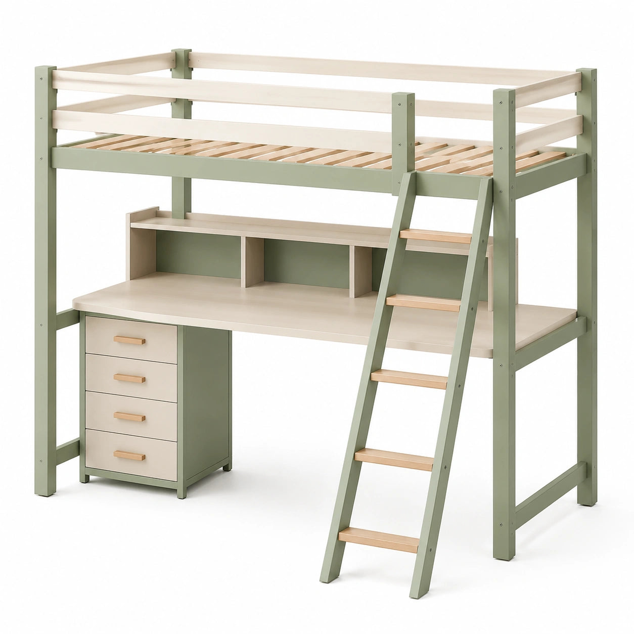 Hochbett mit Schreibtisch und Schubladen aus Kiefernholz Weiß/Grün 200x90 cm