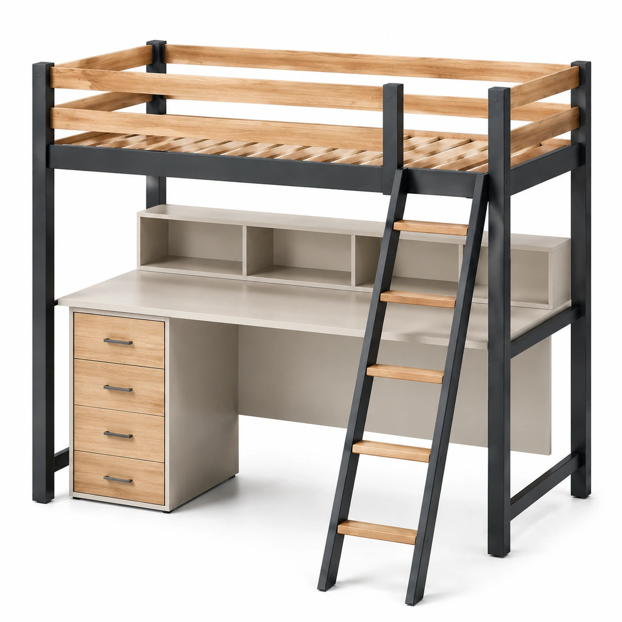 Hochbett mit Schreibtisch aus Kiefernholz und Metall 200x90 cm