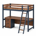 Hochbett mit Schreibtisch und Leiter aus Metall und Holz in Blau/Braun