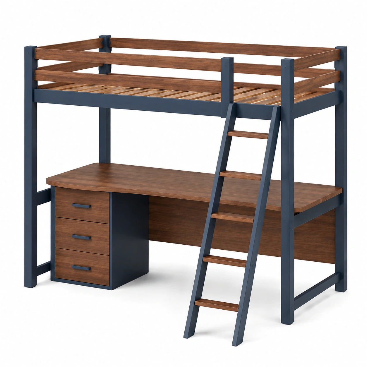 Hochbett mit Schreibtisch und Leiter aus Metall und Holz in Blau/Braun