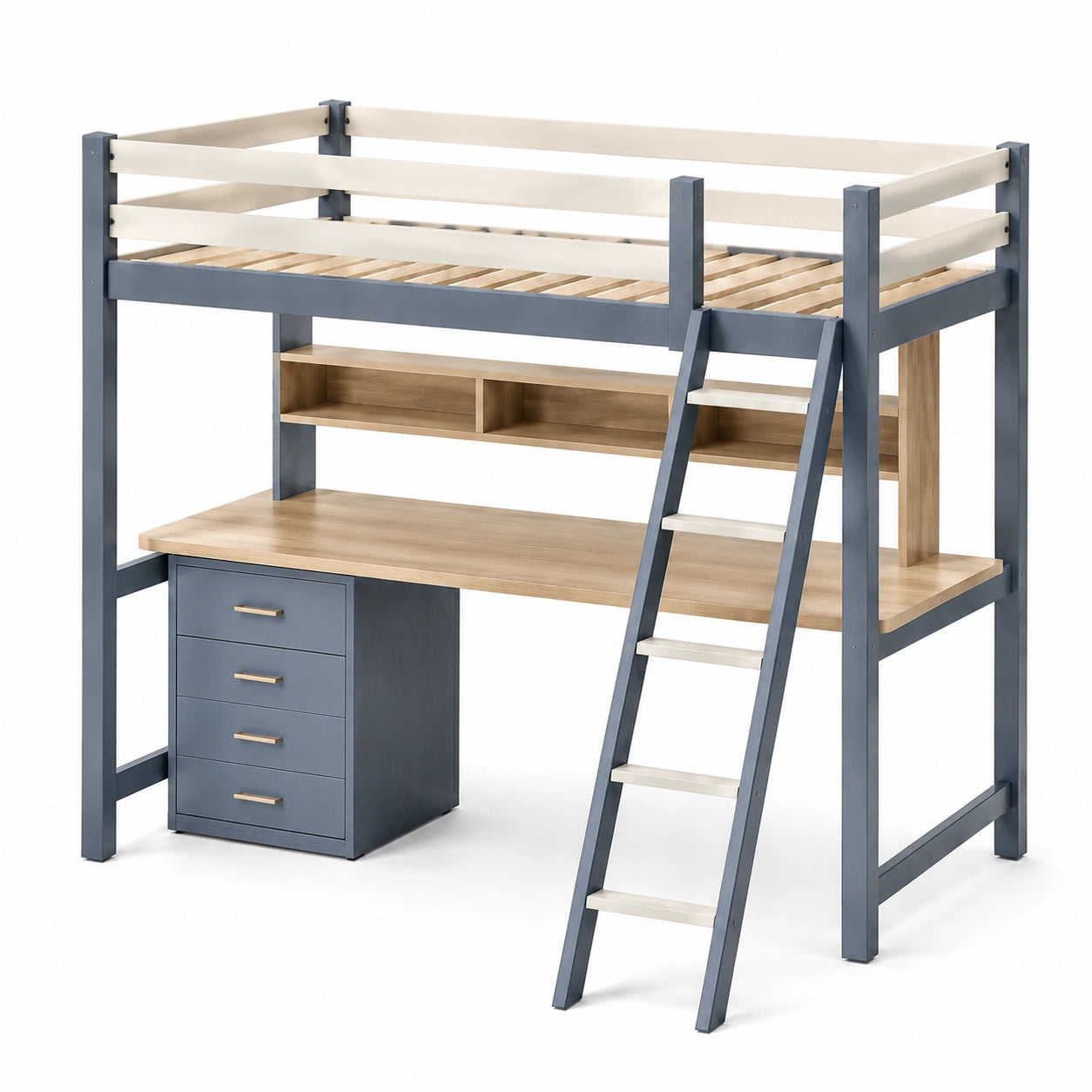 Hochbett mit MDF-Schreibtisch und Schubladen Grau/Natur 200x90 cm