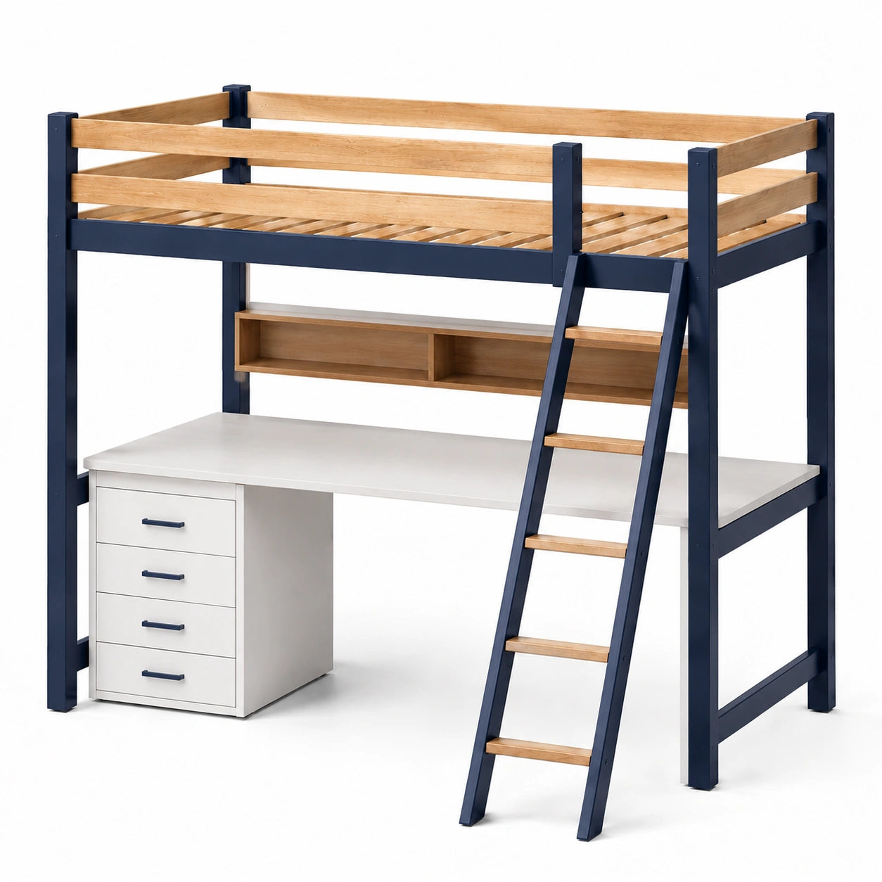 Hochbett aus Holz mit Schreibtisch und Regal Blau
