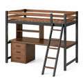 Hochbett aus Holz und Metall mit Schreibtisch und Schubladen, Braun/Schwarz