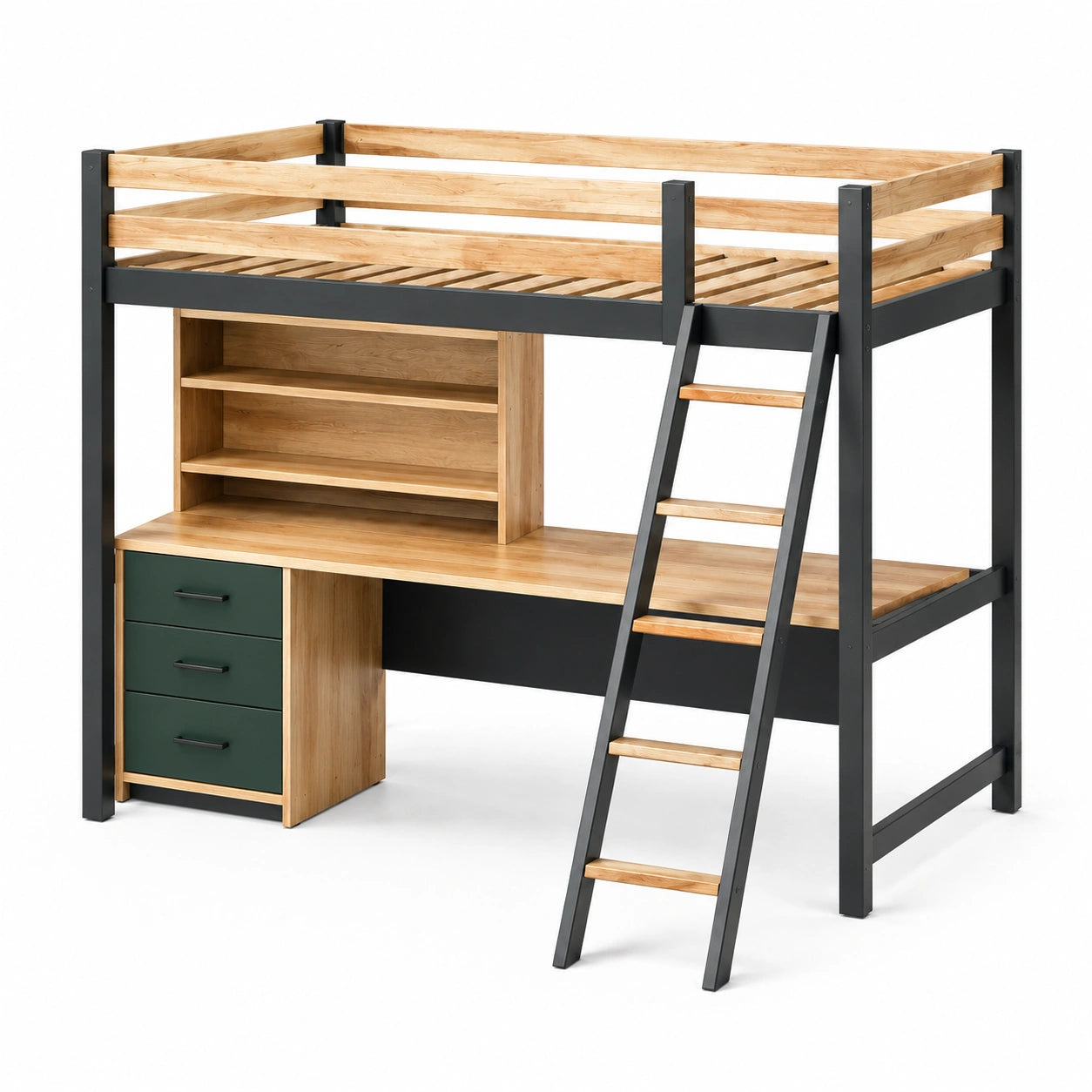 Hochbett mit Schreibtisch und Regal aus Eiche und Stahl