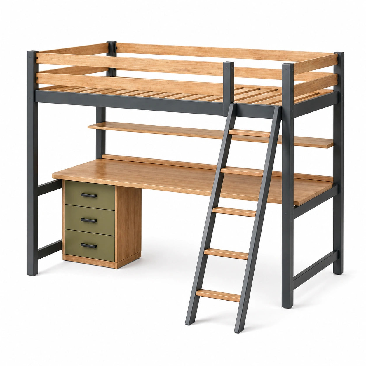 Hochbett mit Schreibtisch und Regal aus Holz/Metall