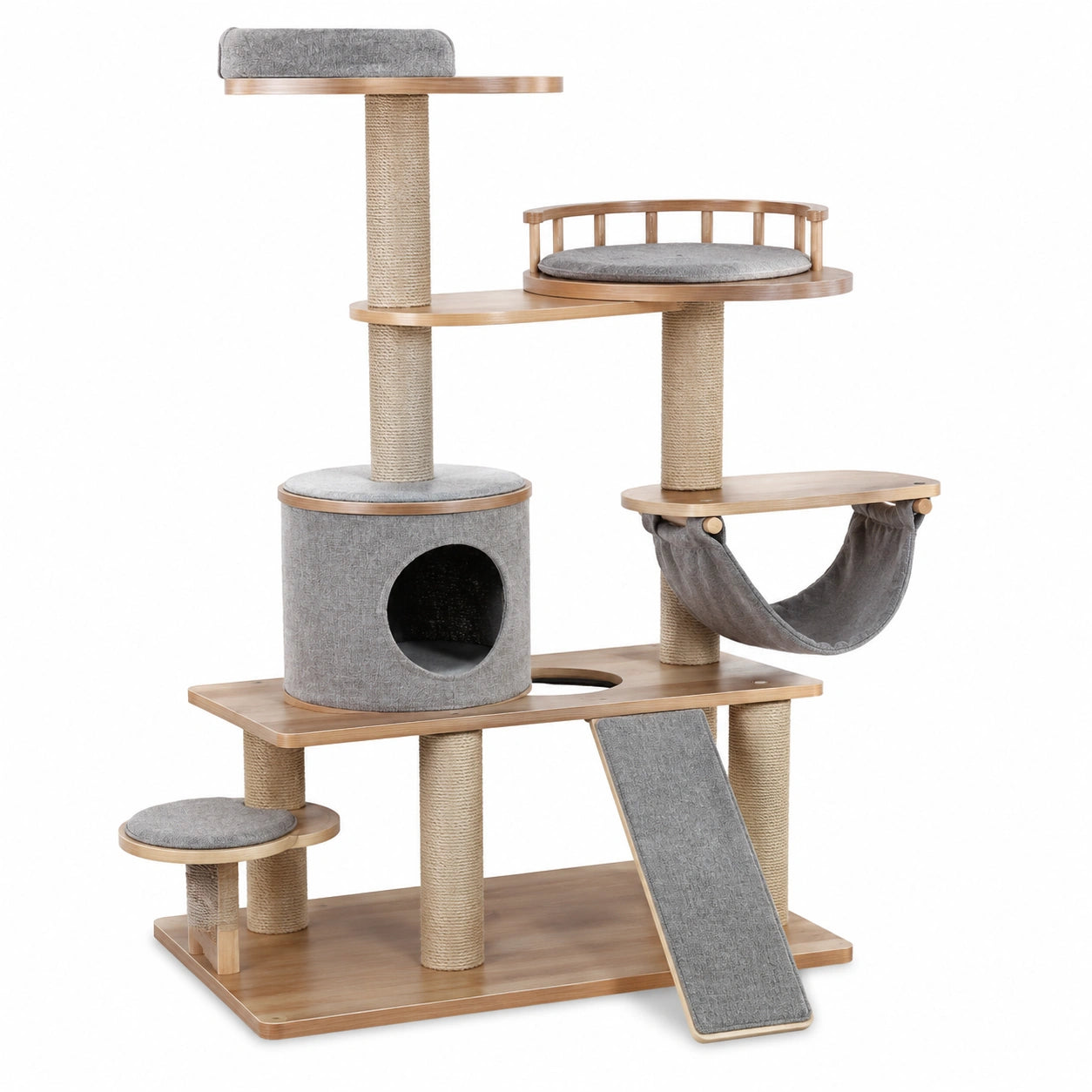 Katzenbaum aus Holz mit Sisal und Grau, 135 cm