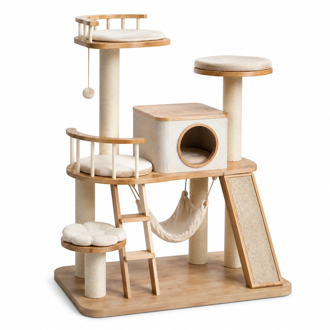 Katzenbaum aus Bambus und Sisal, Beige, 120 cm hoch