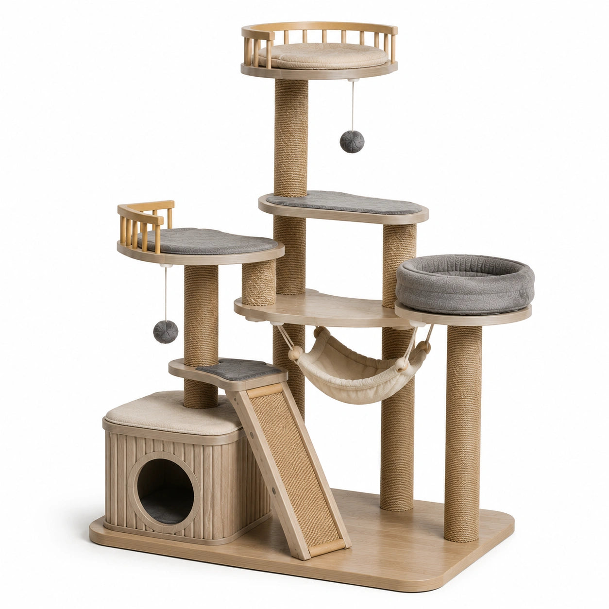 Katzenkratzbaum aus Holz und Sisal, Beige/Grau, 120x80x142 cm