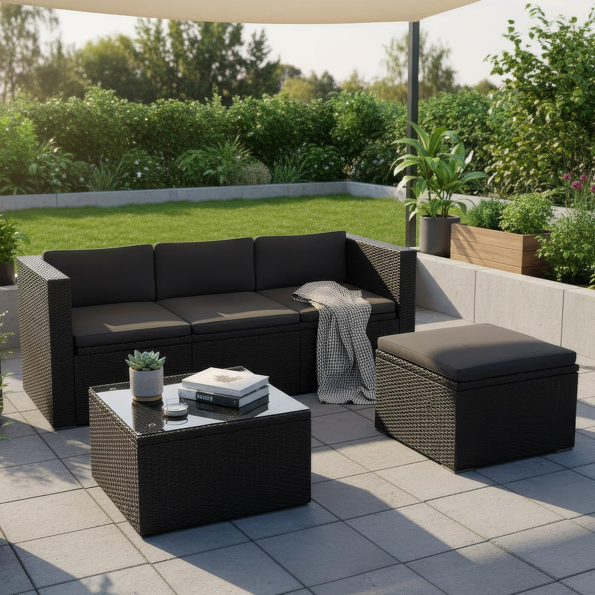 Sessel 3 4 Gartenmöbel Set M Punta Cana Polyrattan Lounge Möbel für Personen mit Sofa, Tisch & Kissen, wetterfeste Balkonmöbel für Garten & Terrasse