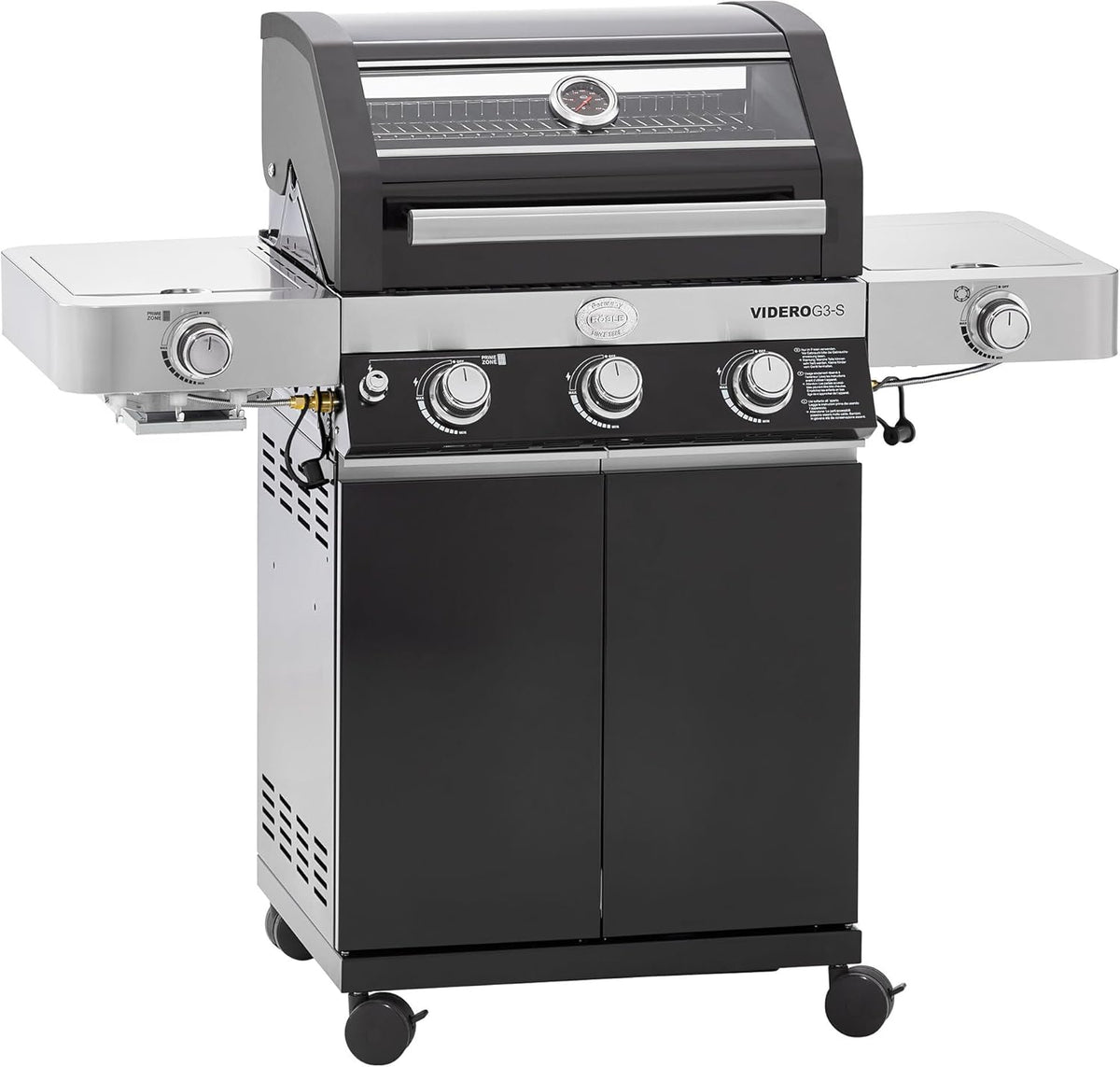 RÖSLE Gasgrill, BBQ-Station VIDERO G3-S Schwarz, Grill mit 3 Edelstahlbrennern, extra Primezone und Seitenbrenner, klappbare Seitentische, VARIO+