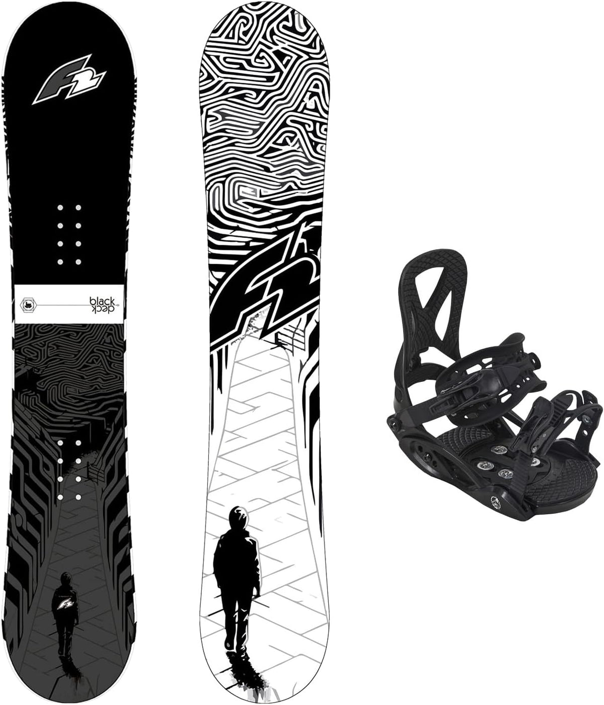 F2 Freerideboards, Set Snowboard Junior Black Deck + Pipe Bindung Größen wählbar