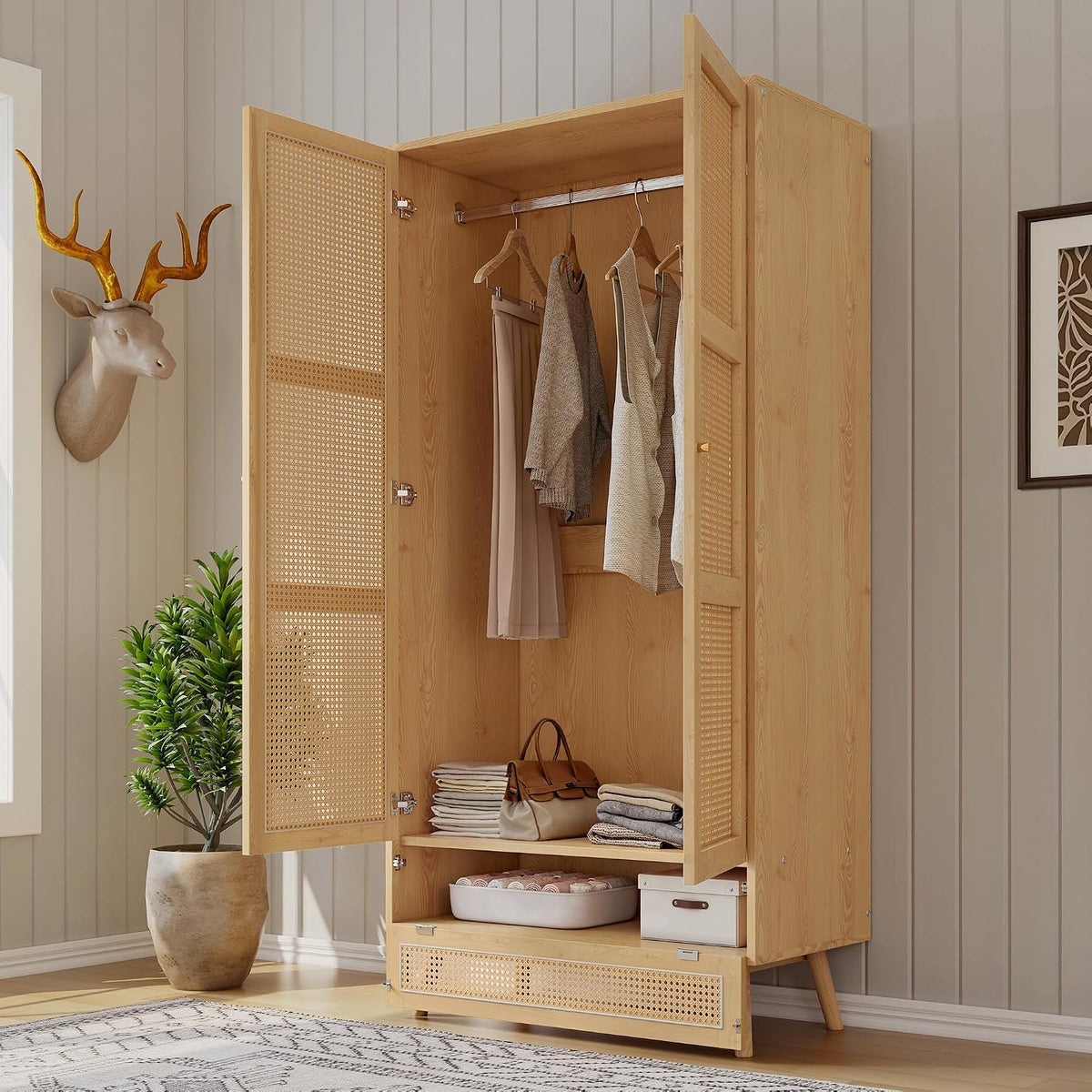Kleiderschrank, mit Stange, Schlafzimmer, Rattannetz, Wohnzimmer, mit unterem Flip-Top-Deckel, Spanplatten+PE-Rattan, Natur, Gelukueub