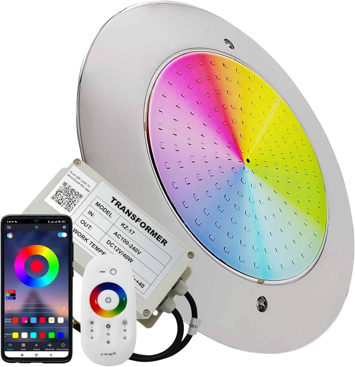 LED ATOMANT Teichbeleuchtung, Poolstrahler Edelstahl 12W RGB IP68 Trafo und Fernbedienung
