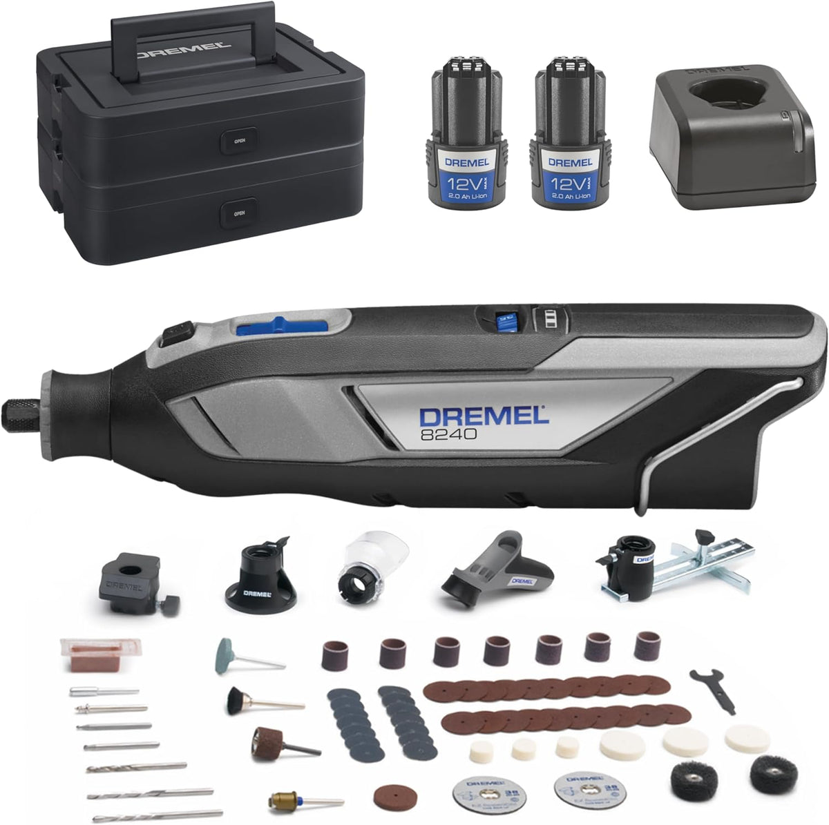 DREMEL Benzin-Multitool, 8240 Akku-Multitool 12V 2Ah, Multifunktionswerkzeug Set mit 2 Akkus, 5 Auf-und Vorsätze, 1 BOX, 65 Zubehören zum Schneiden