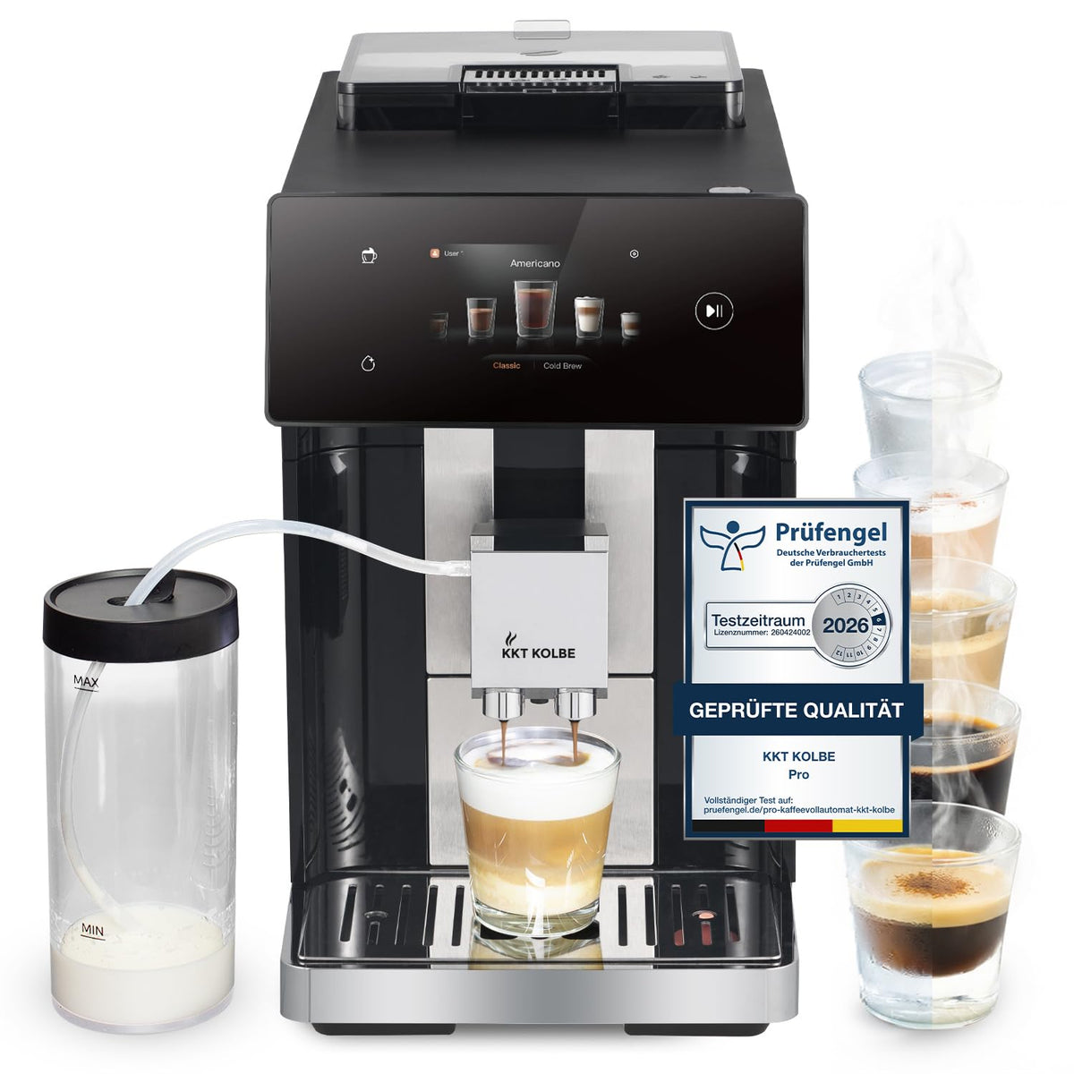 KKT KOLBE Pro Kaffeevollautomat, mit Milchbehälter, Milchschaumdüse und Zubehör, 2 Tassen Funktion, 15 Bar, 7-stufiges Mahlwerk, TFT Touchscreen