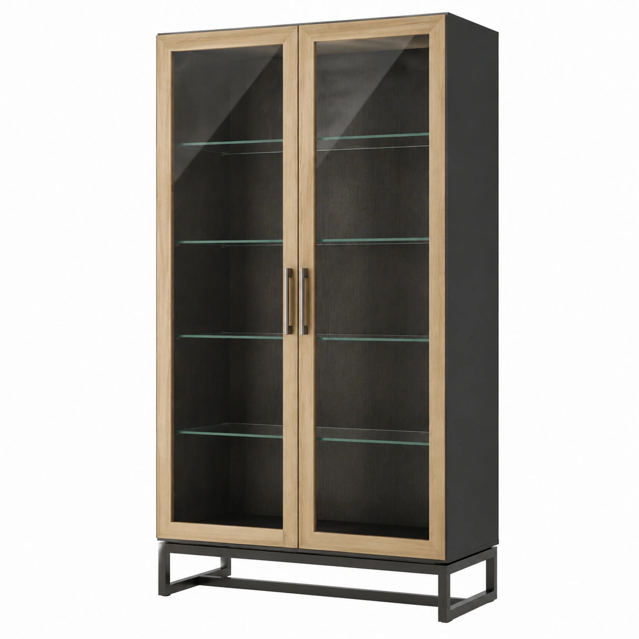 Vitrine mit zwei Glastüren Eiche Schwarz Glas Stahl