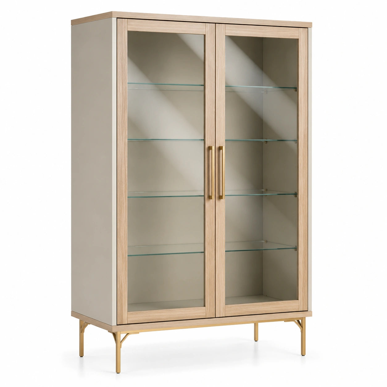 Vitrinenschrank aus Eichenholzfurnier und gehärtetem Glas