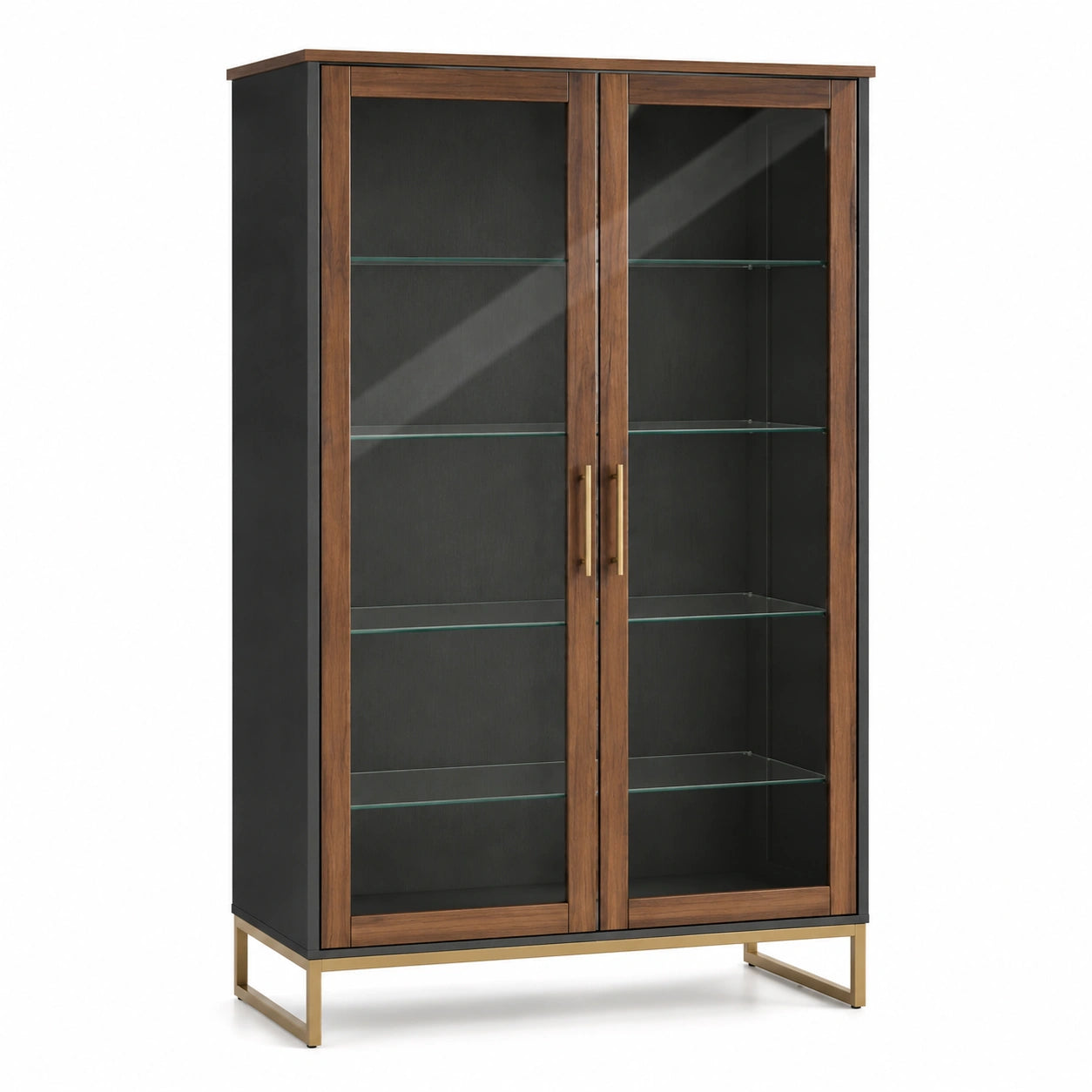 Vitrine mit Glasregalen aus Holz und Sicherheitsglas, Braun/Schwarz, 180x90x40 cm