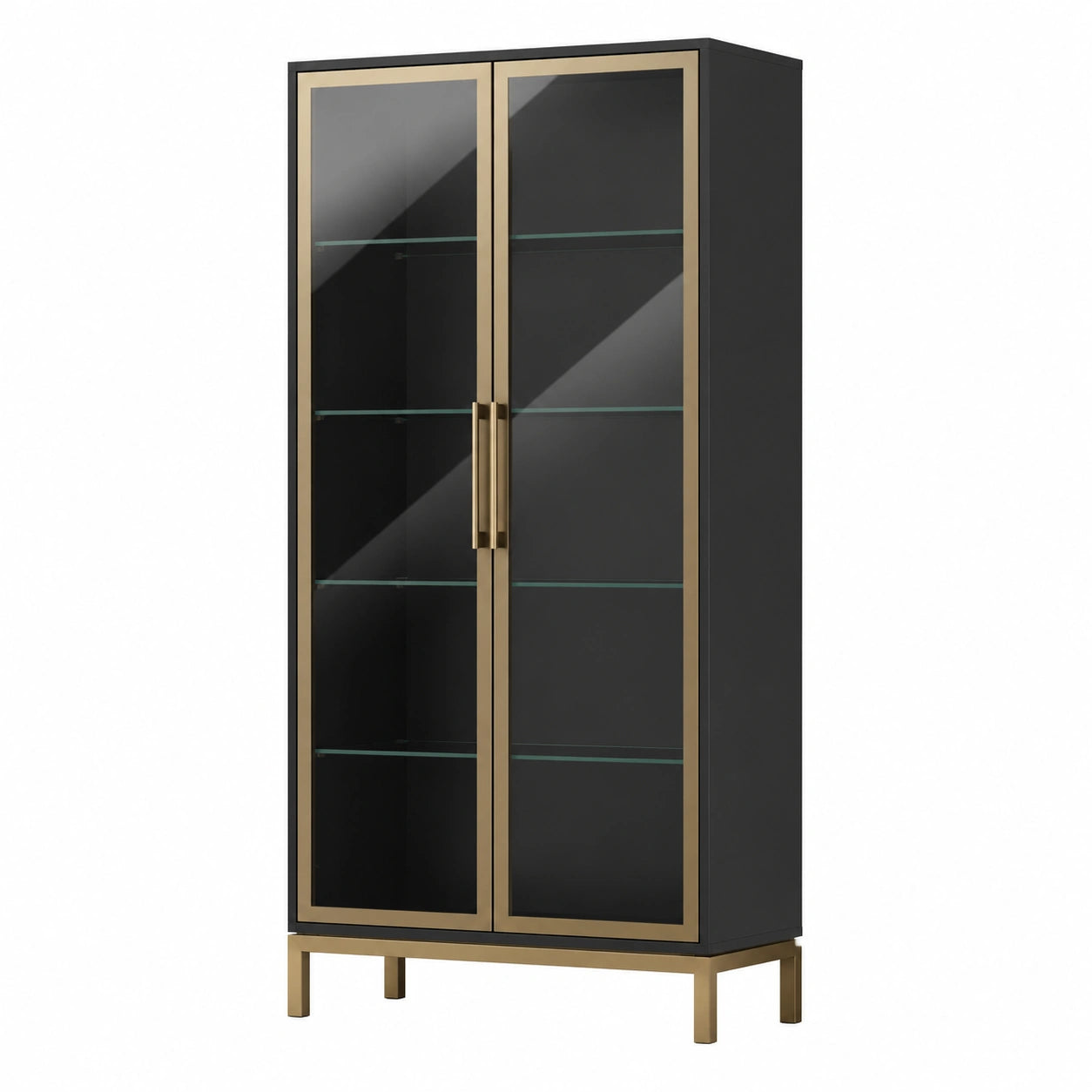 Vitrine aus MDF mit gehärtetem Glas und Edelstahlrahmen, Schwarz/Gold 200cm x 90cm x 35cm