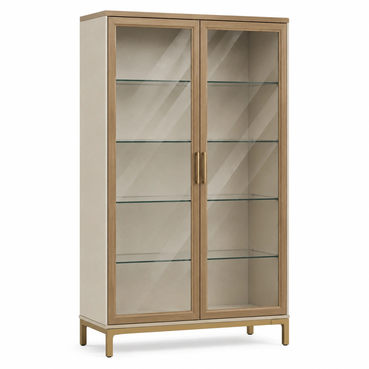 Vitrine Holz Glas Türen 5 Fachböden Beige 180x90x40cm