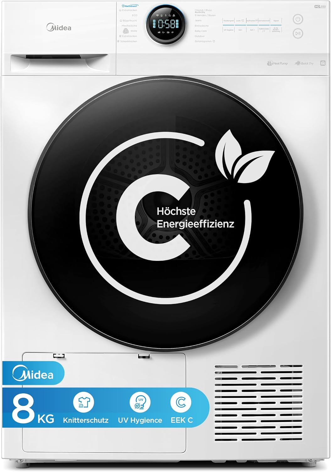 Midea Wärmepumpentrockner,   Wärmepumpentrockner 8 kg Energieklasse C Fernsteuerung