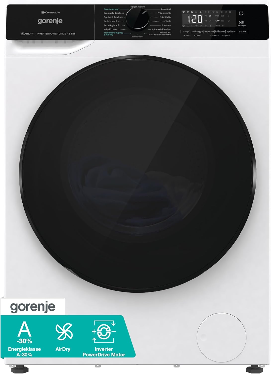 Gorenje Waschmaschine, WD2PA854ADW, DE Waschtrockner, Connect Life, 16 Programme, 8kg waschen, 5kg trocknen, 54 Liter, 1400 U, min, AirDry, SterilTub