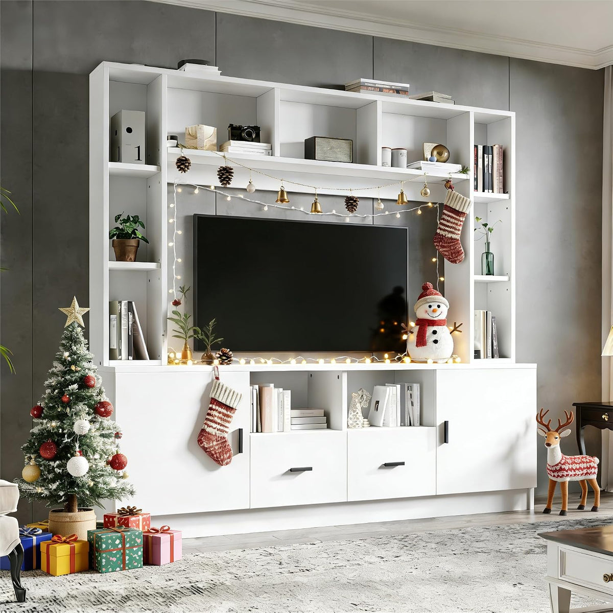 Regal TV Wohnwand-Set mit Vitrine Mediawand inkl.TV-Board-Set und, TV Wohnzimmermöbel-Set mit 2 Schränke 2 Schubladen 11 Staufächer Anbauwand