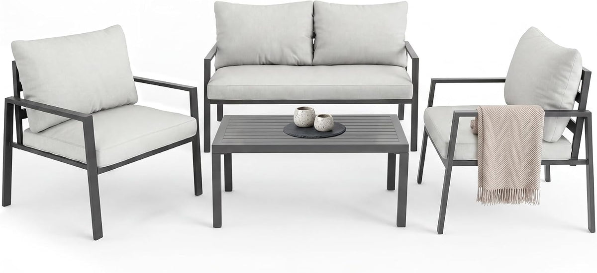 Gartenmöbel-Set, ® Aluminium Lounge, Set mit 2 Sessel 1 Sofa 1 Beistelltisch Outdoor, Gartenmöbel mit Kissen, Loungemöbel Set für Balkon, Wintergarten