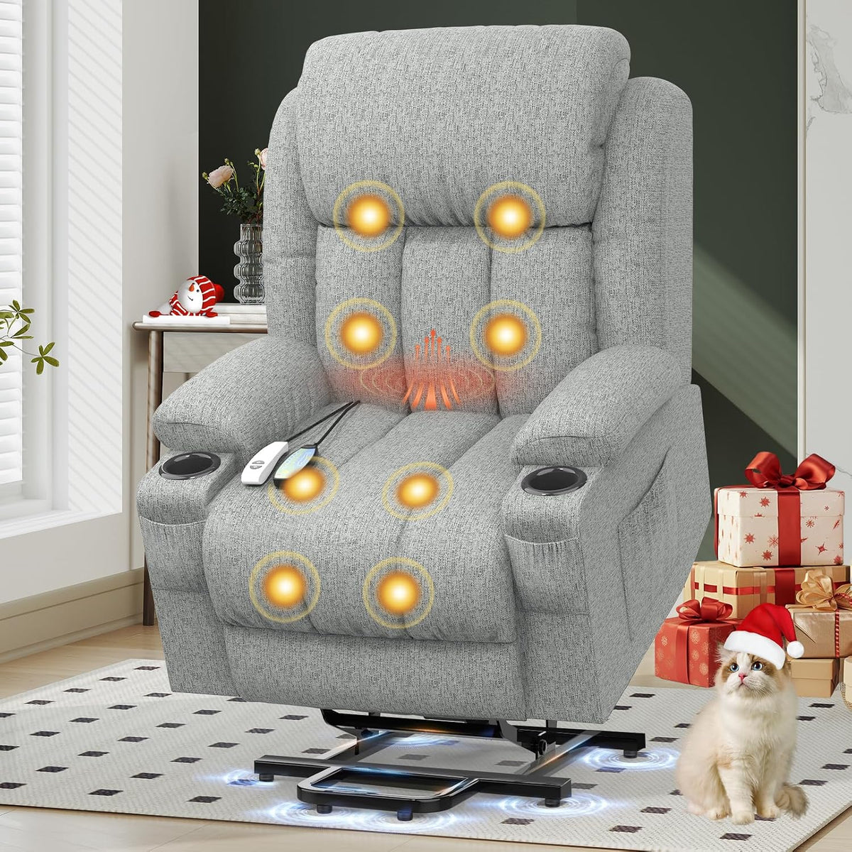 Relaxsessel Fernsehsessel Massagesessel Elektrisch, mit Liegefunktion Aufstehhilfe, Massage Heizung, Fußteil, Getränkehalter 4 Seitentaschen