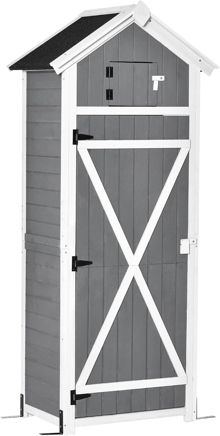 Outsunny Gartenschrank Holz Wetterfest Gerätehaus, Tür 78 × 52, 5 × 182cm Grau