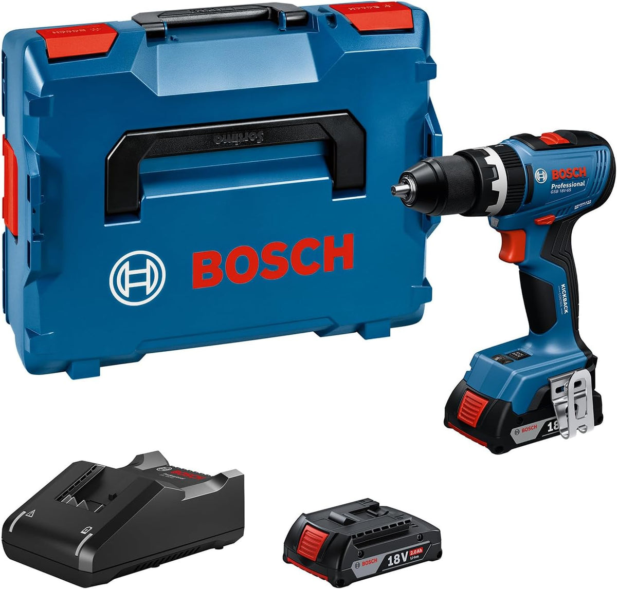 Bosch Professional Akku-Bohrschrauber,   18V System Akku-Bohrschrauber GSB 18V-65 (bürstenloser Motor, inkl 2x Akku GBA 18V 2.0Ah, Ladegerät GAL