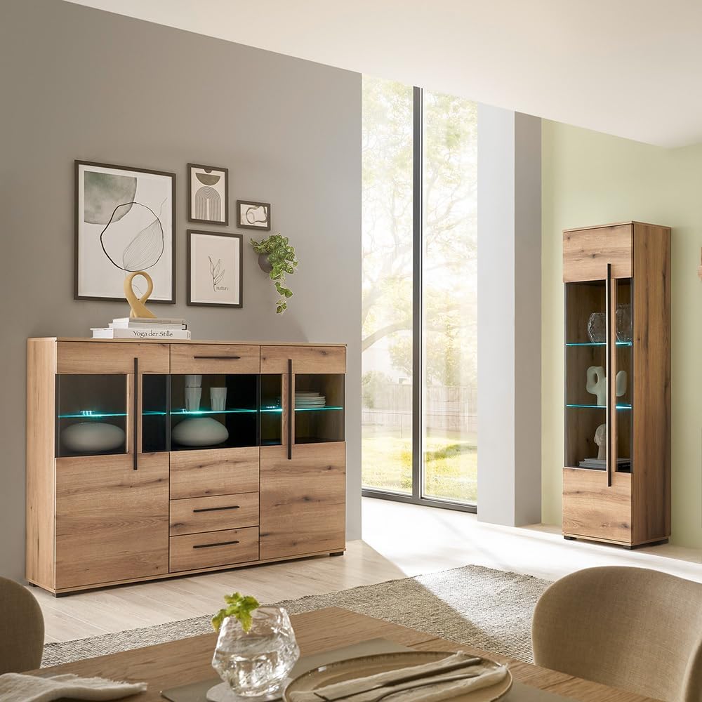 Lomadox Wohnzimmersets, Wohnzimmer-Set 2-teilig bestehend aus Vitrine und Highboard in Eiche inkl. LED Beleuchung