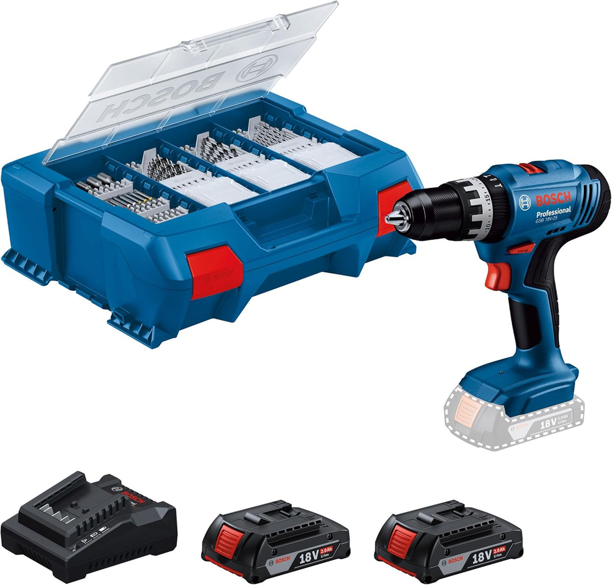 Bosch Professional Akku-Bohrschrauber, 18V System Akku Schlagbohrschrauber GSB 18V-25 (max. Schrauben-Ø: 10 mm, inkl. 2x GBA 2.0 Ah, GAL 18V-20
