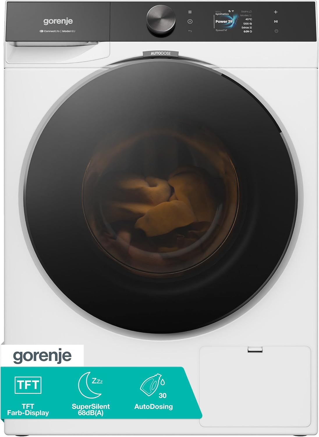 Gorenje WG814A5T4 Waschmaschine, mit Dampffunktion, 10kg, 1400 U/Min, 20 Programme, TFT Farb-Display, SuperSilent 68 db(A), AutoDosing, UltraClean