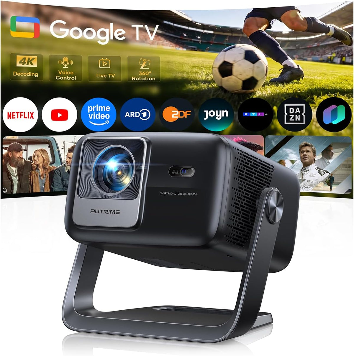 PUTRIMS Smart Beamer, 【Google TV & 30W Lautsprecher】Beamer 4K Heimkino Unterstützt Autofokus/6D Trapezkorrektur, HDR10