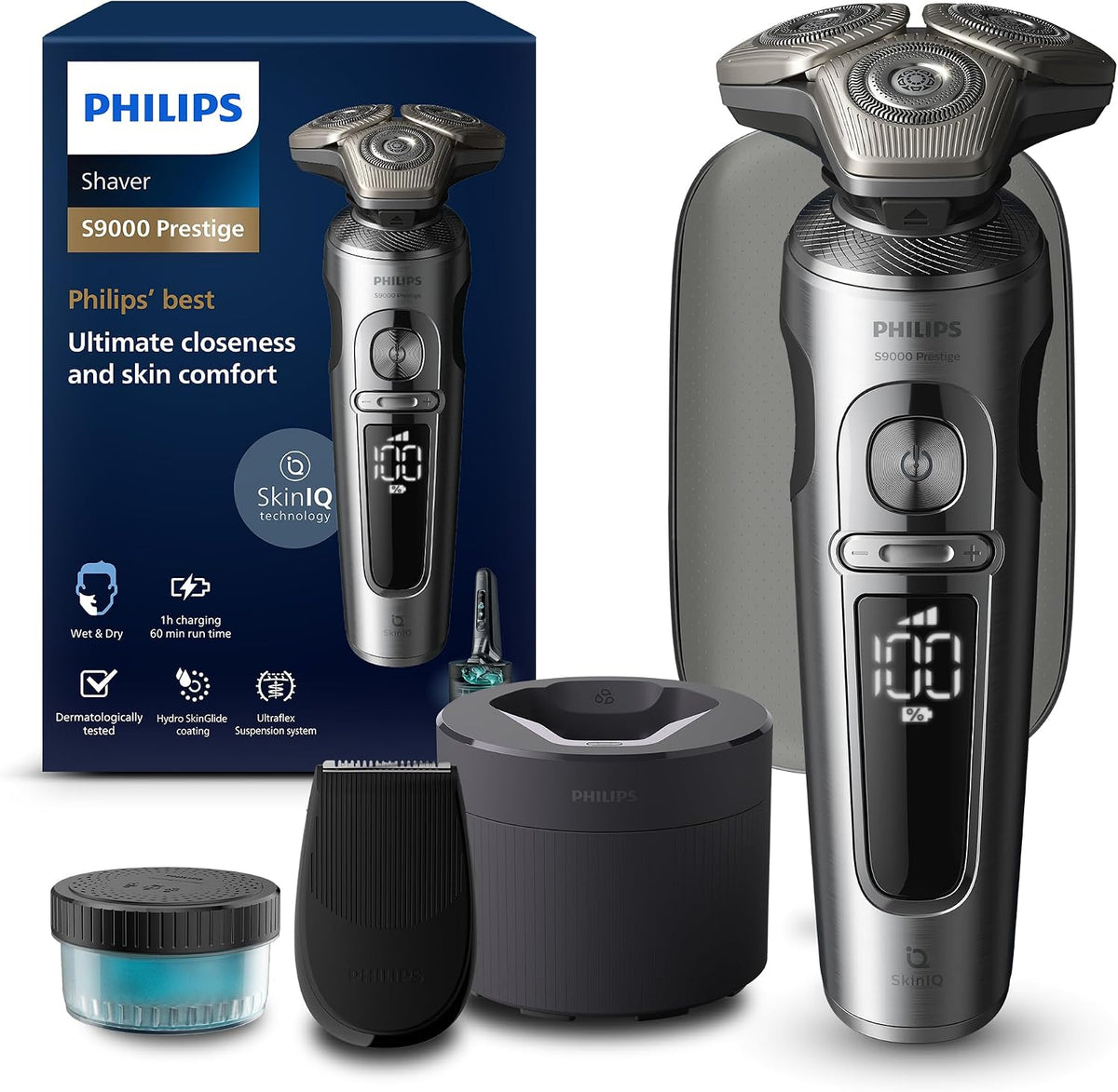 PHILIPS Rotationsrasierer, Shaver S9000 Prestige, elektrischer Nass- & Trockenrasierer für Herren, helles Chrom, Lift & Cut-Rasiersystem