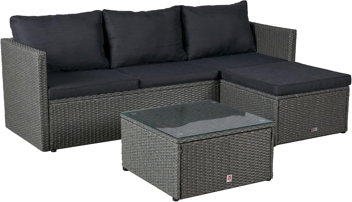 Sofa 3-4 Loungino Polyrattan Lounge grau-Mix für Personen Balkonmöbel Sitzgruppe mit Tisch + Hocker Gartenlounge Eck, für Balkon + Terrasse, LC Garden