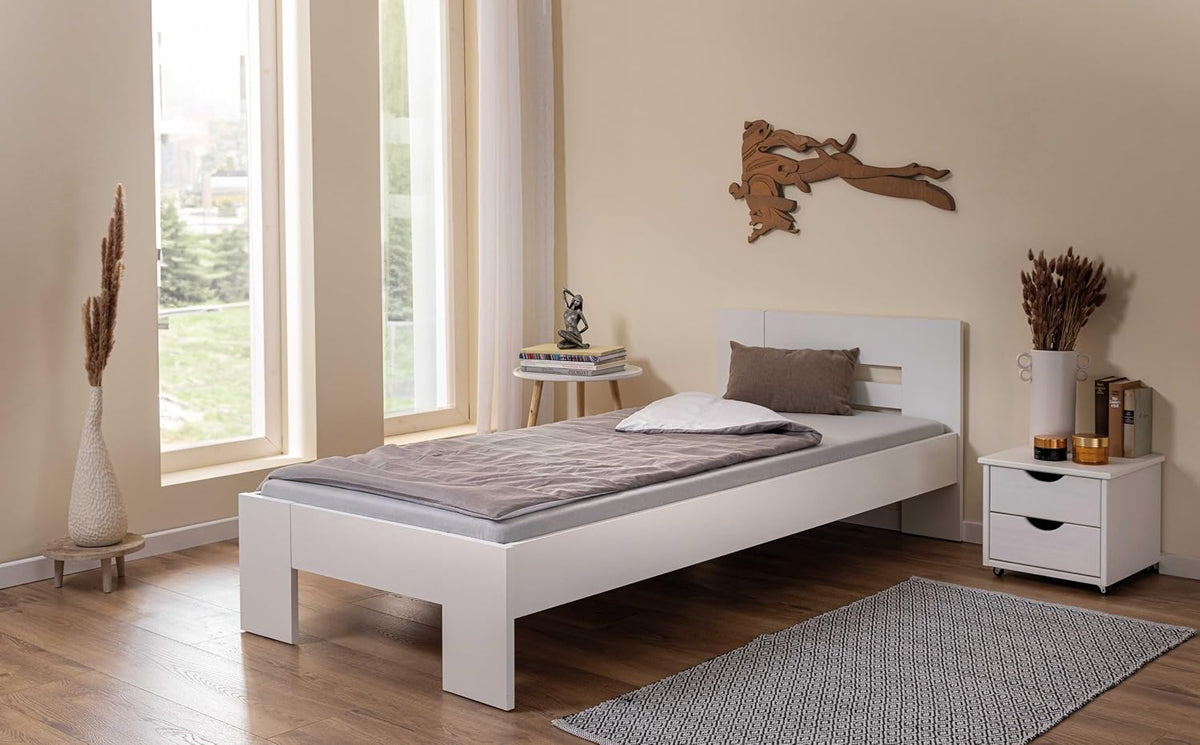 Bettgestell - Bett - Bettrahmen, Jugendbett, Gästebett, Doppelbett, Modernes Bett -ohne Lattenrost - Weiß lackiert - Annik - 90 × 200cm, Inter Link